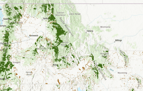 Idaho and nearby states, with dark green and brown signifying public land that could be privatized if the bill passes.